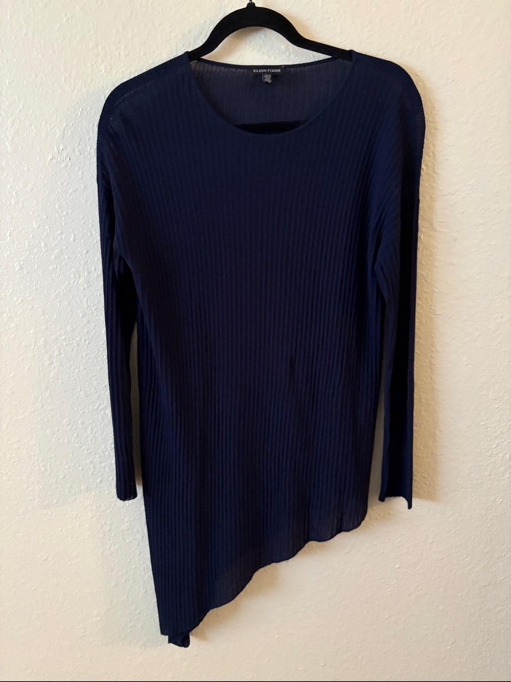 Eileen Fisher Navy Ribbed Asymmetric Long-Sleeve Tunic Top Lightweight Size XXS